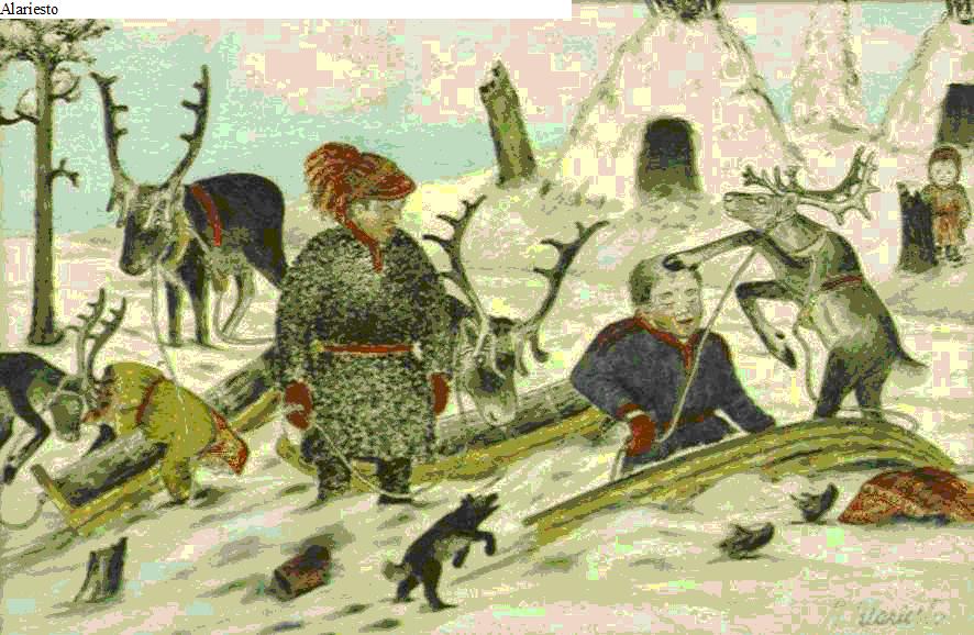 Sami preparing reindeer sled