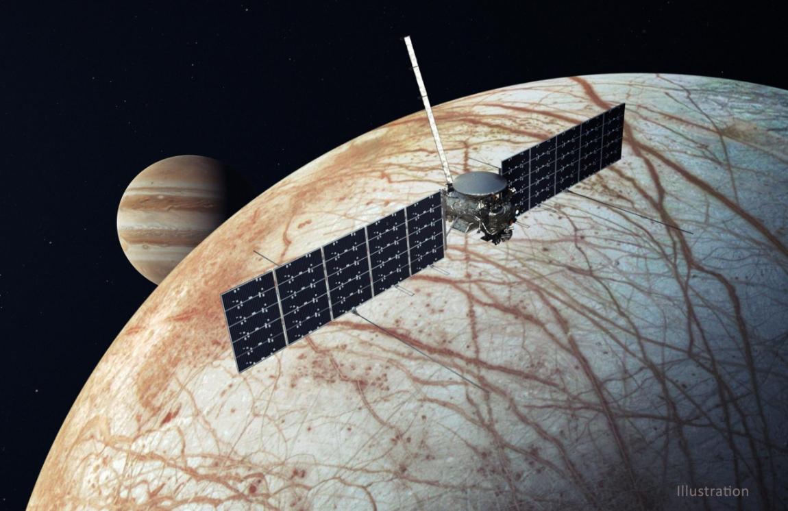 An illustration of NASA’s Europa Clipper spacecraft flying by Jupiter’s moon Europa