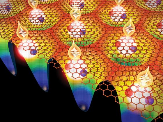 A scientific illustration of a multi-layered atomic lattice structure with glowing teardrop-shaped light pulses.