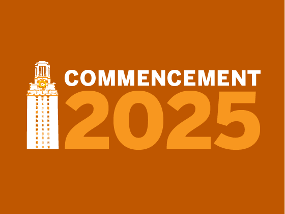 Graphic with Commencement 2025 words on burnt orange background