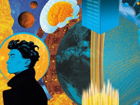 A collage representing the intersection of humanity, technology, space exploration and scientific discovery.