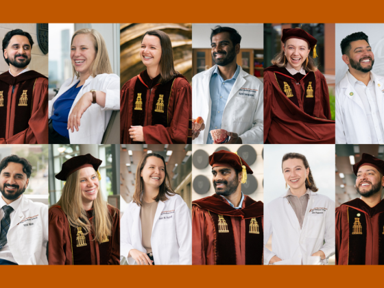 A collage of six students from Dell Med’s Class of 2026 wearing their medical white coats and graduation regalia.