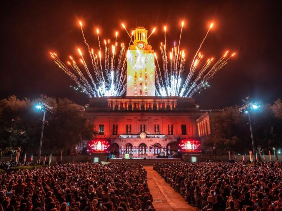 Fireworks surround the University of Texas at Austin Tower