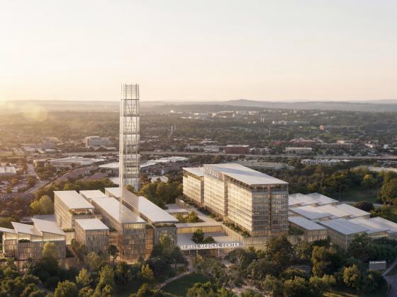 Conceptual rendering of the exterior of the UT Dell Medical Center and its future location in Austin, Texas.
