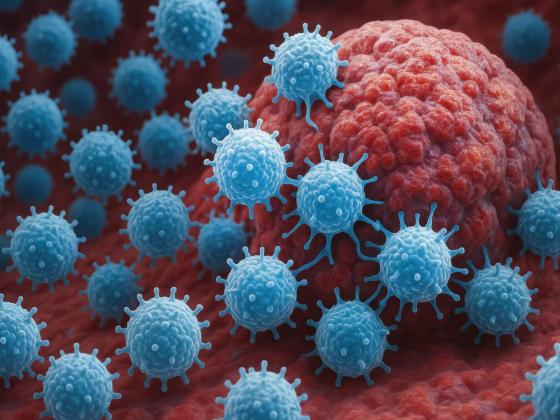 A rendering of a cancer cell being attacked by blue immune cells.