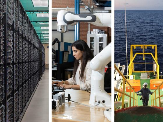 A triptych of (L-R): panels in a large-scale data center; a person working with advanced robotics; and an offshore operation.