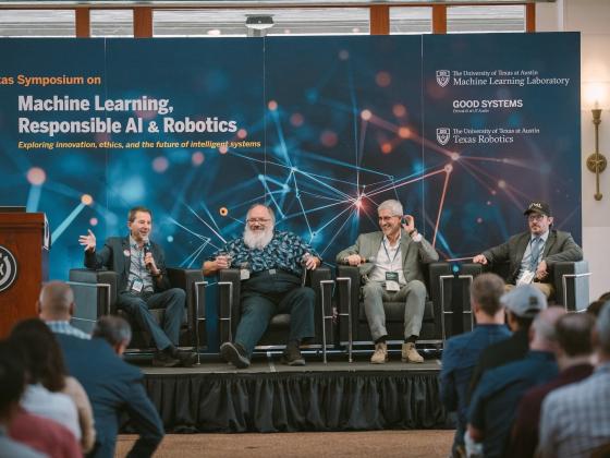 Four panelists sit in armchairs on a stage at the Texas Symposium on Machine Learning, Responsible AI & Robotics.