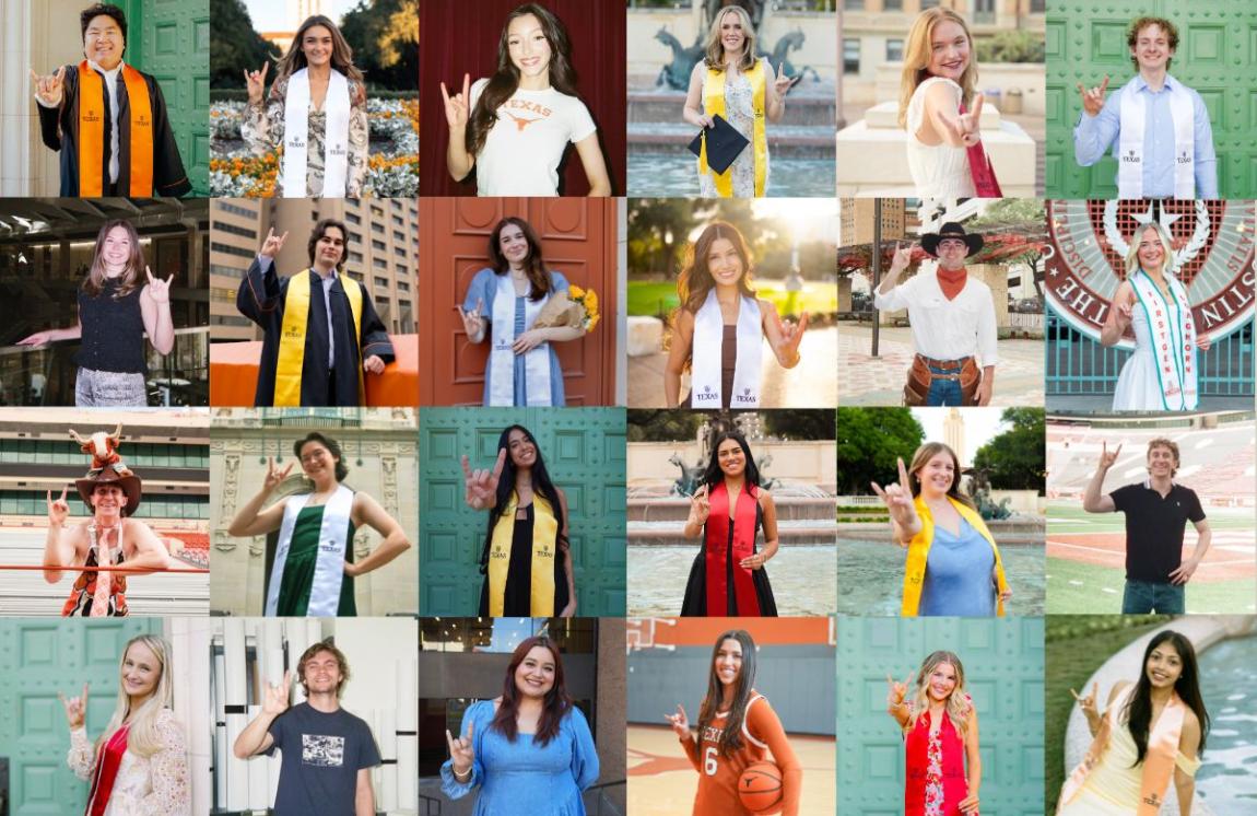 A collage of photos of UT students doing the Hook 'Em, Horns hand sign.