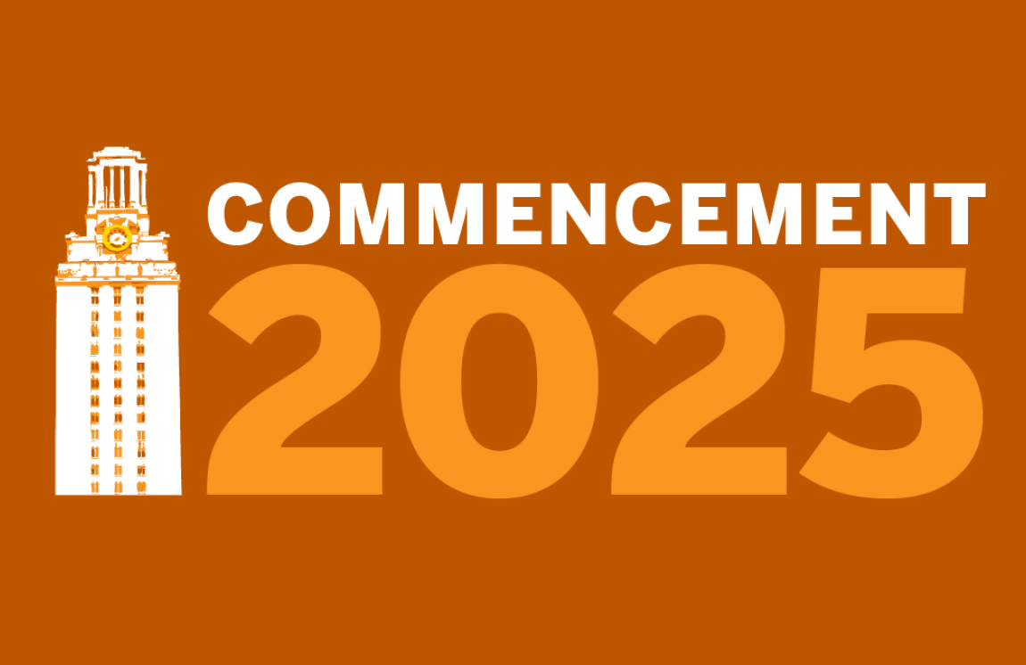 Graphic with Commencement 2025 words on burnt orange background