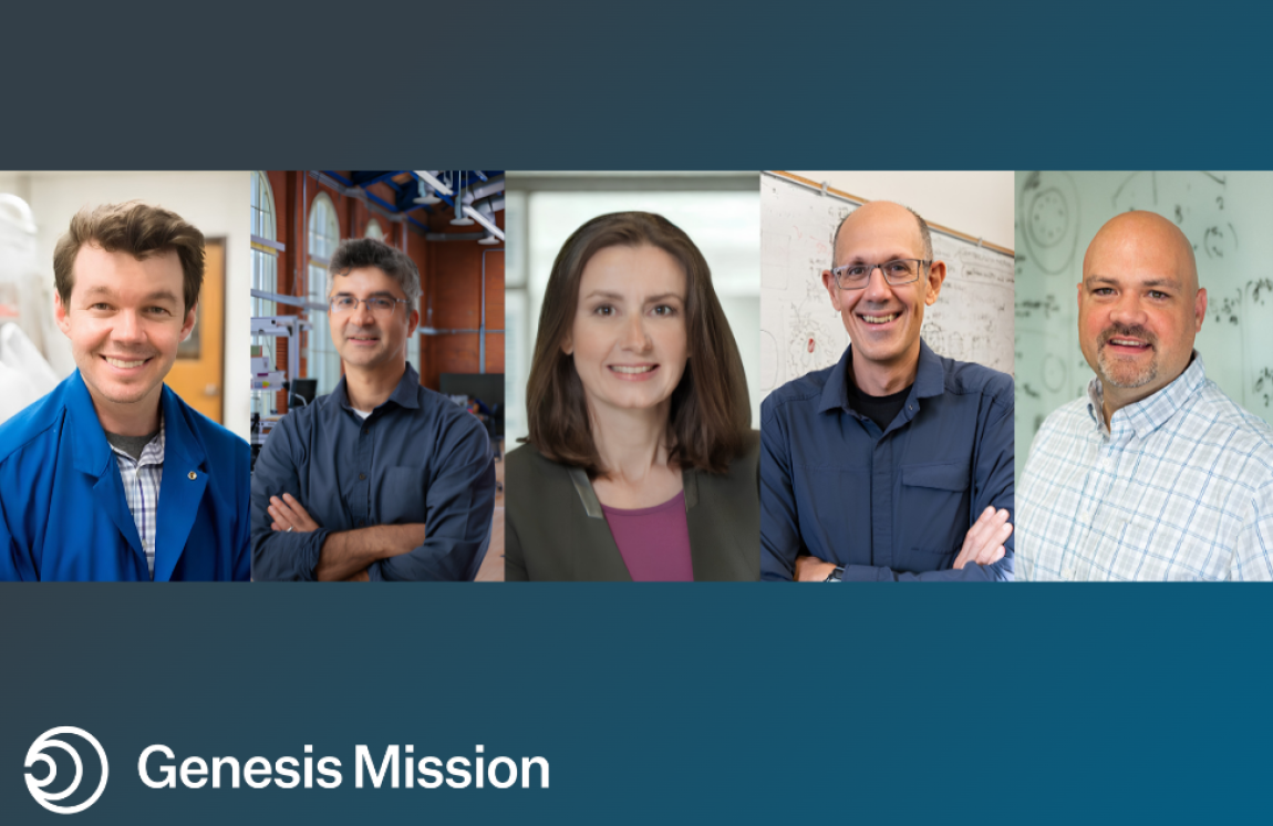 A collage of five headshots on a blue background above the Genesis Mission logo.