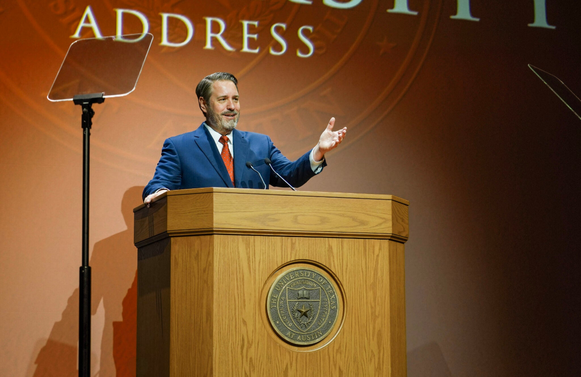 President Davis at podium giving State of the University speech.