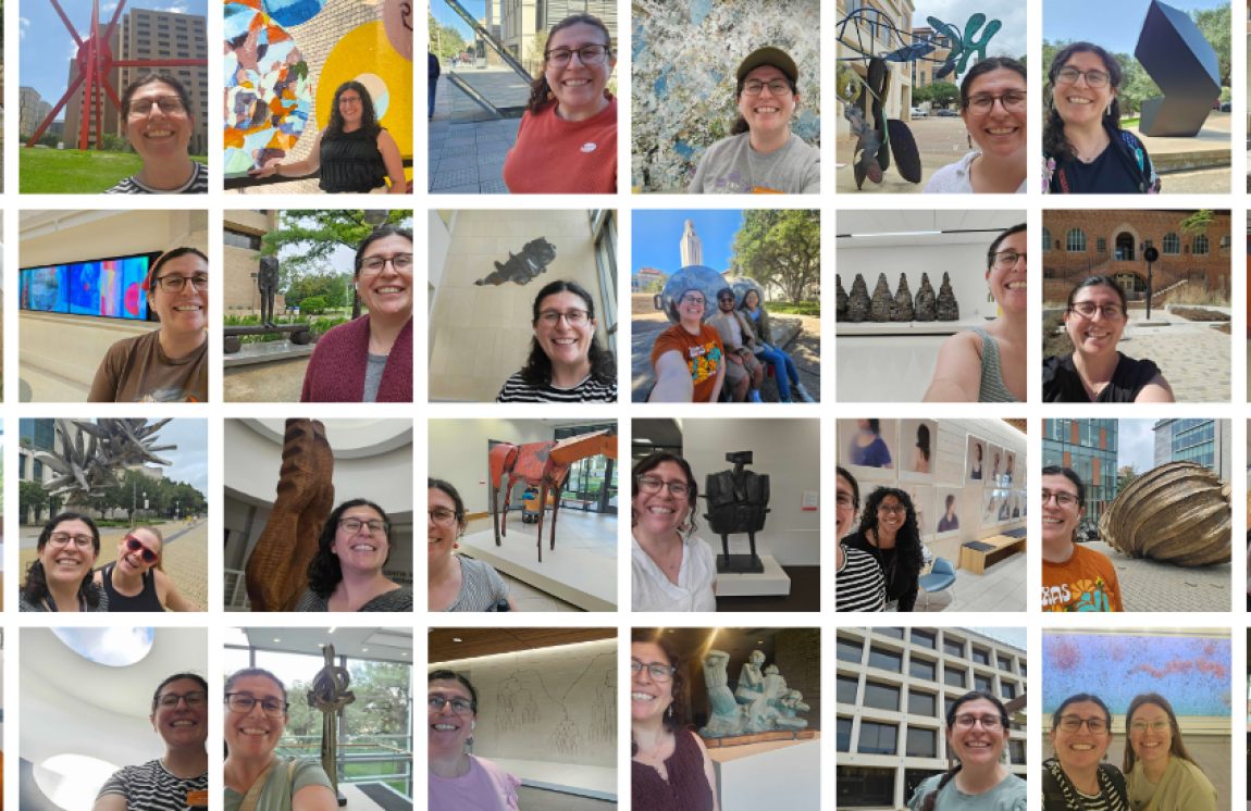 A collage of 24 images of a woman taking selfies in front of public art.