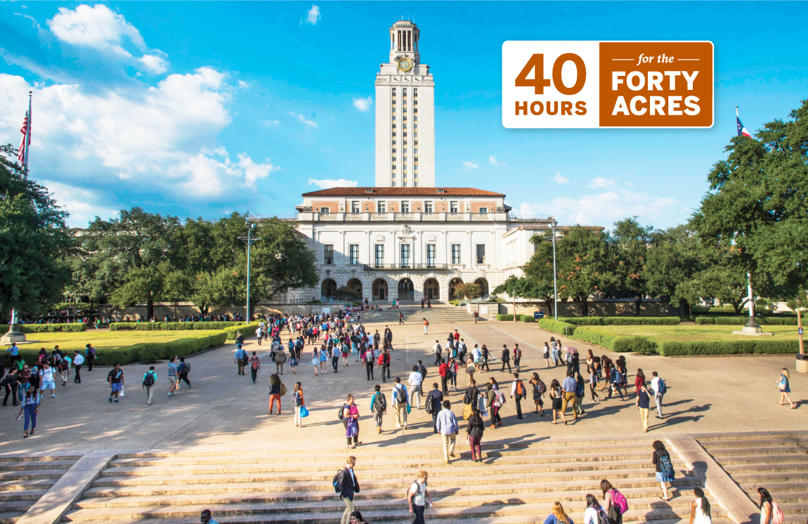 People walking on campus with 40 Hours for the Forty Acres logo in top right corner