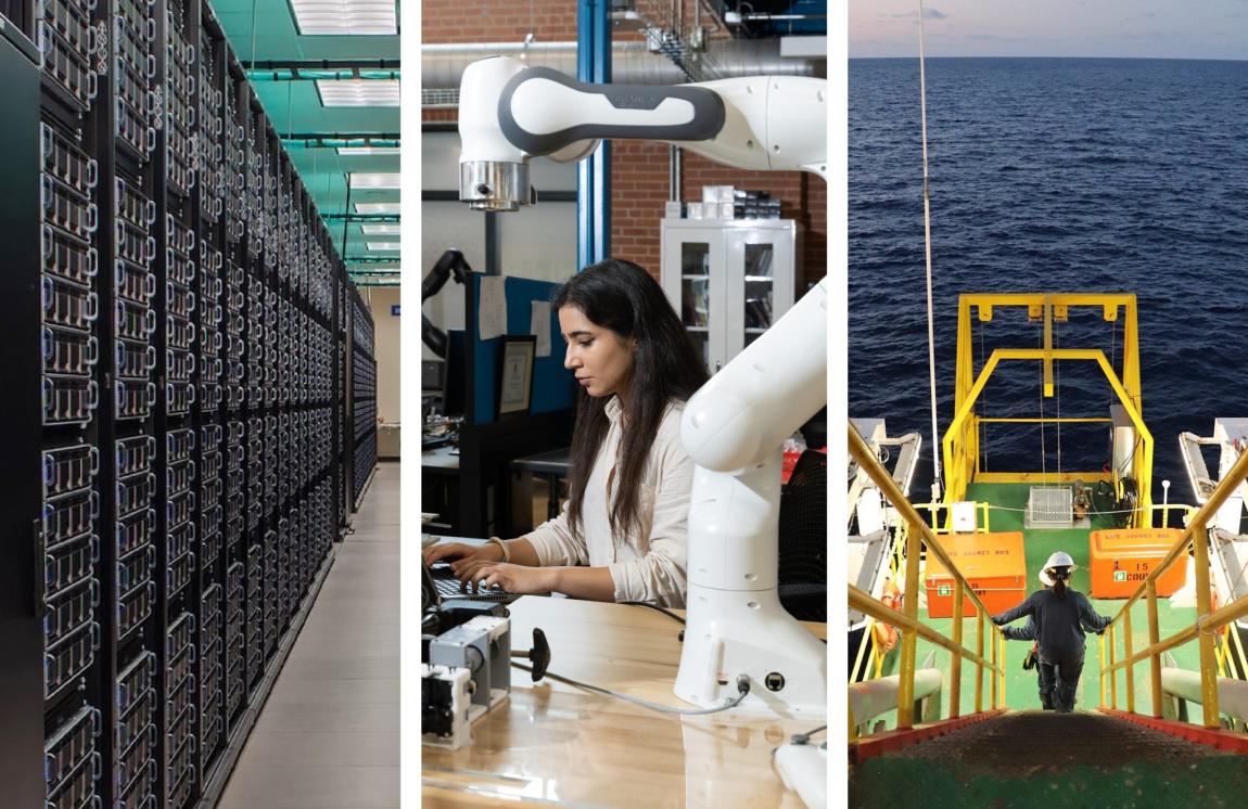 A triptych of (L-R): panels in a large-scale data center; a person working with advanced robotics; and an offshore operation.