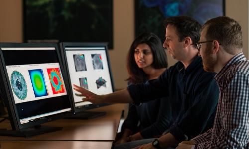 three researchers reviewing image on screen