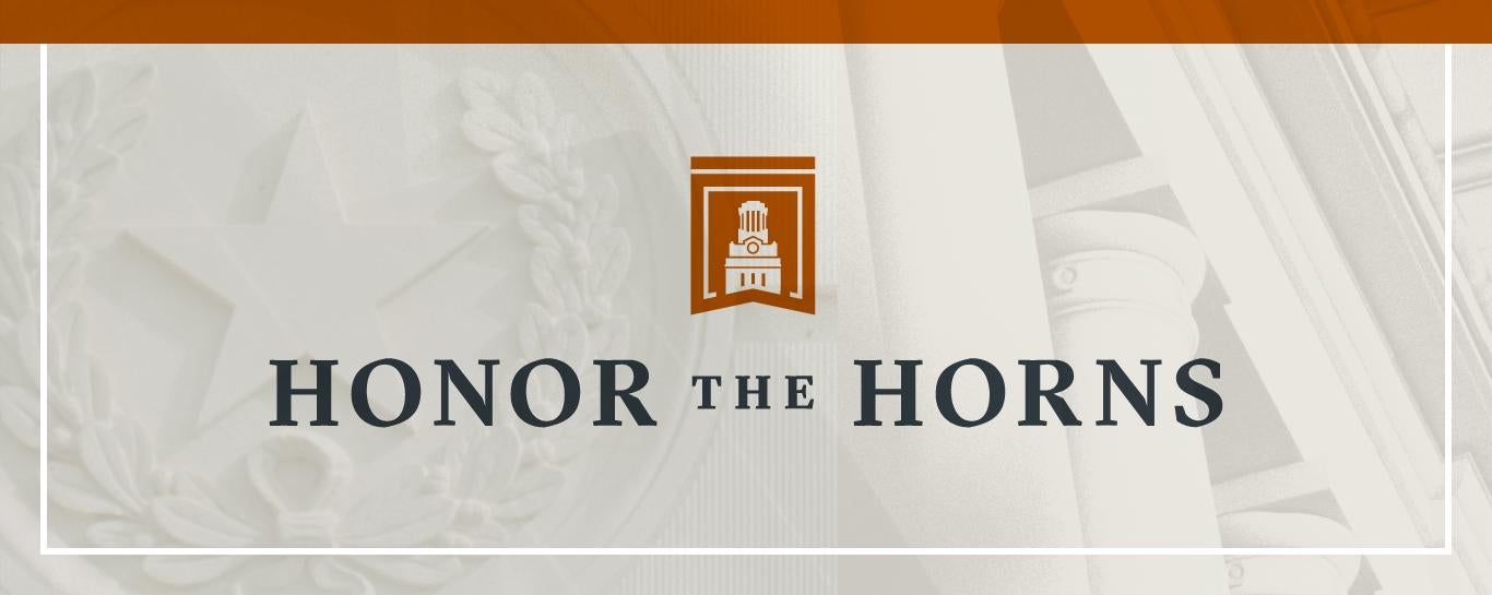 A white graphic with text in the center reading Honor the Horns and an orange symbol of the tower at the top.
