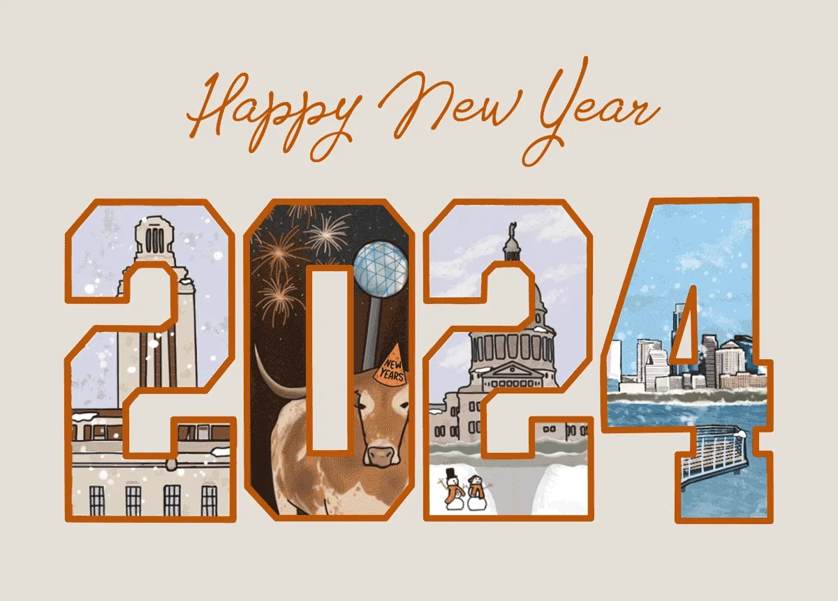 2024 UT Holiday card 2024 Artwork “A Very Austin New Year” by Alyssa Seufert
