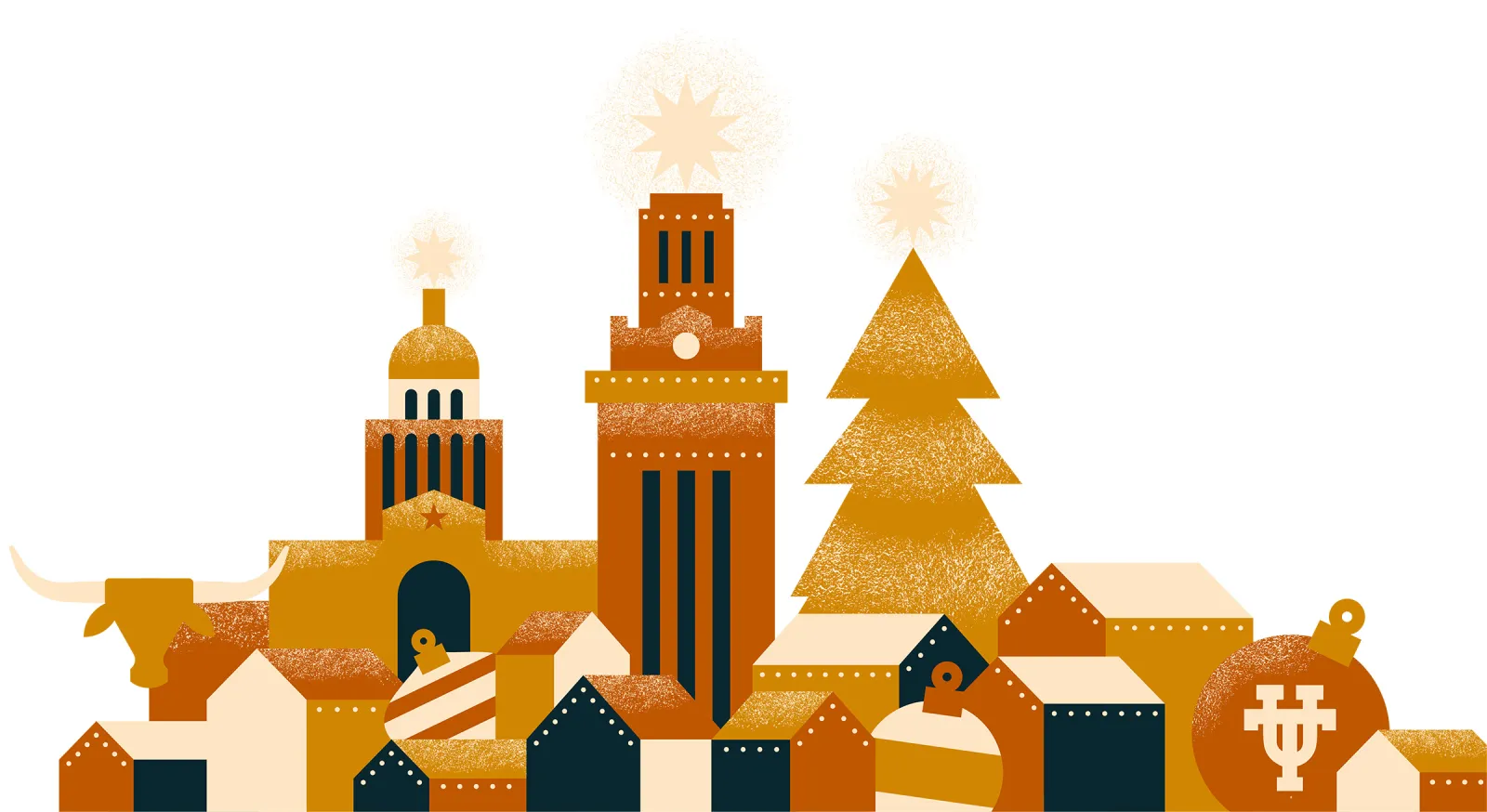 Illustration of the UT tower, tree, holiday ornaments, buildings, and more