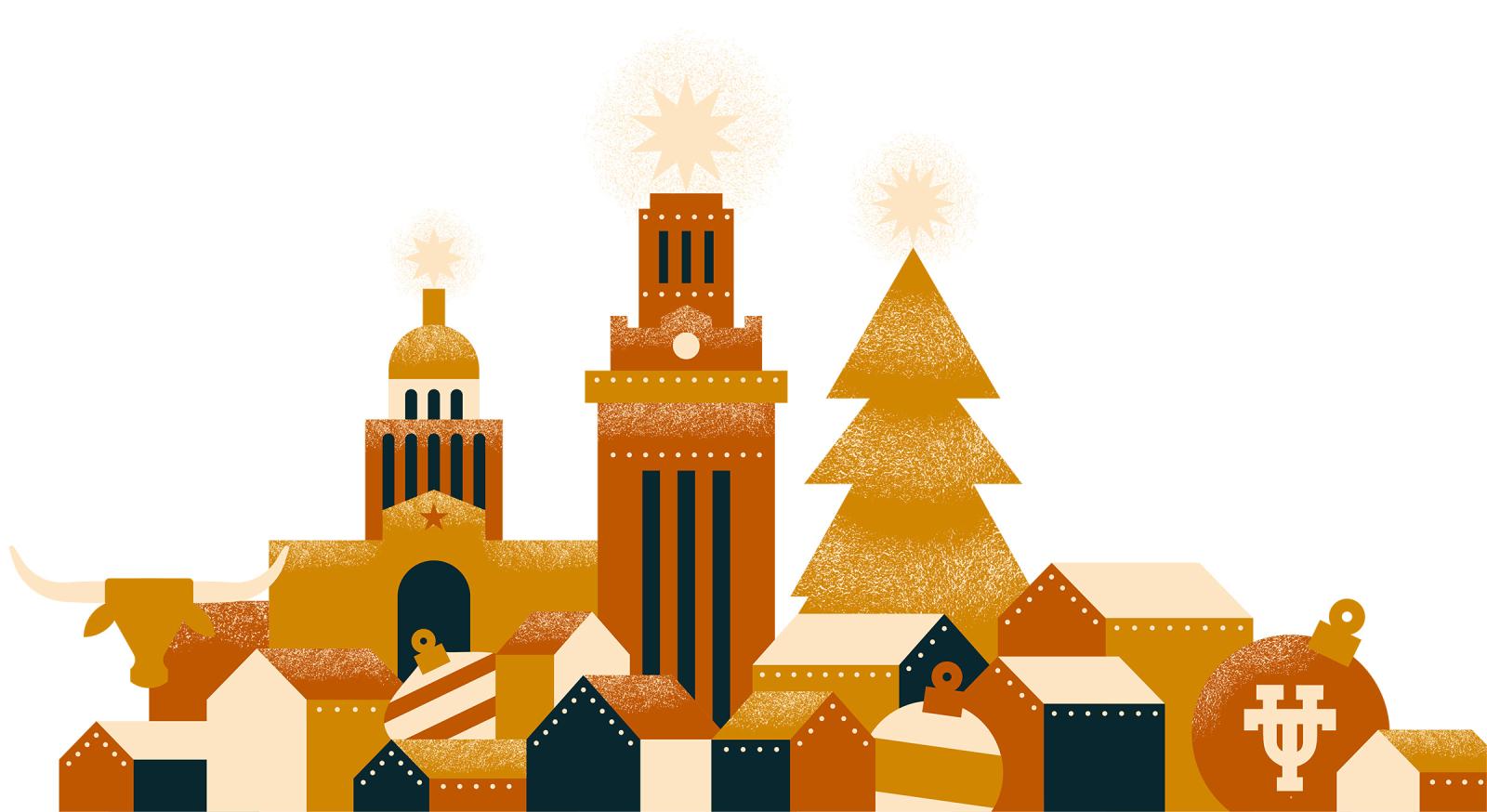 Illustration of the UT tower, tree, holiday ornaments, buildings, and more