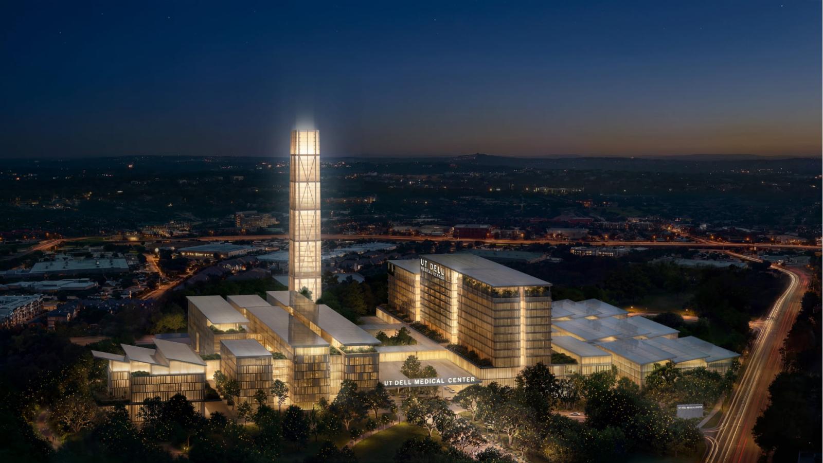 Conceptual rendering of the exterior of the UT Dell Medical Center and its future location in Austin, Texas.