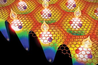 An artistic rendering quantum phenomena at a nanoscale level, involving interactions between particles and energy.