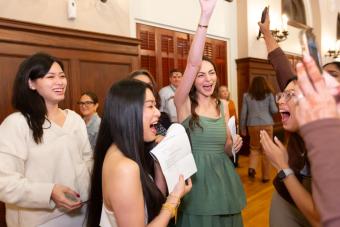A group of medical students celebrate matching into residency programs.