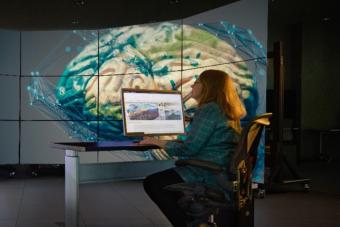 Researcher looking at a brain in the UT Vis Lab