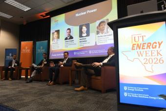 Four panelists sit in armchairs during a session at UT Energy Week 2026.