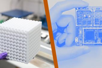 A split image showing a hand in a purple glove holding a white 3D-printed porous cube on the left and a hand holding a blue-tinted circuit board labeled "LOCUS LOCK" on the right.