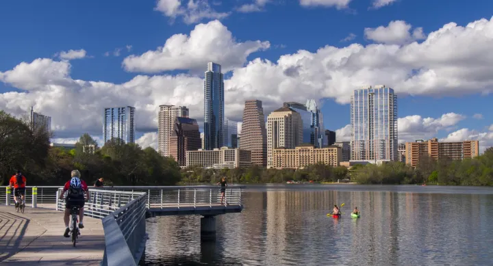 View of downtown austin skyline from south of Lady Bird Lake