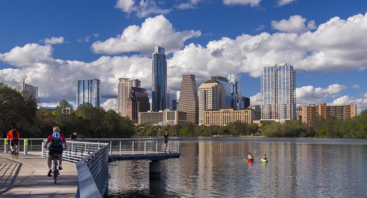View of downtown austin skyline from south of Lady Bird Lake