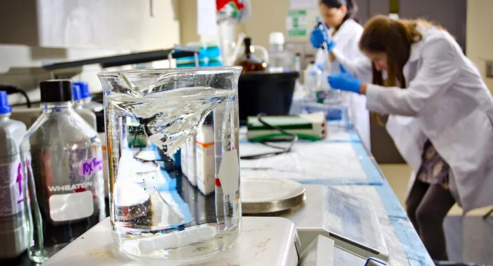 Beaker with liquid in lab