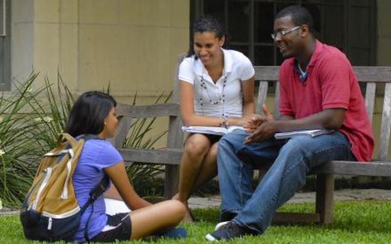 Three undergraduate students sit on lawn. Two are on a bench while a third sits below them on the grass with a backpack.