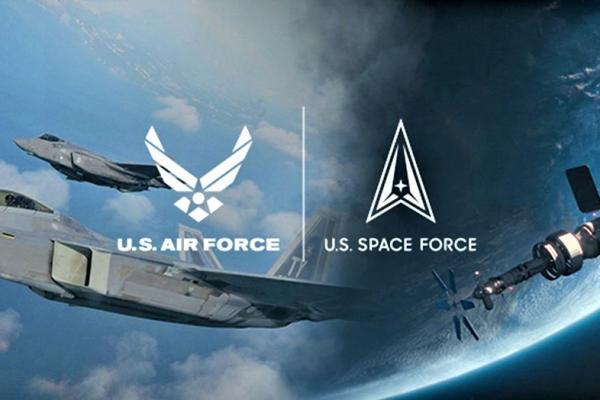 Air Force and Space Force logos with planes and space in background