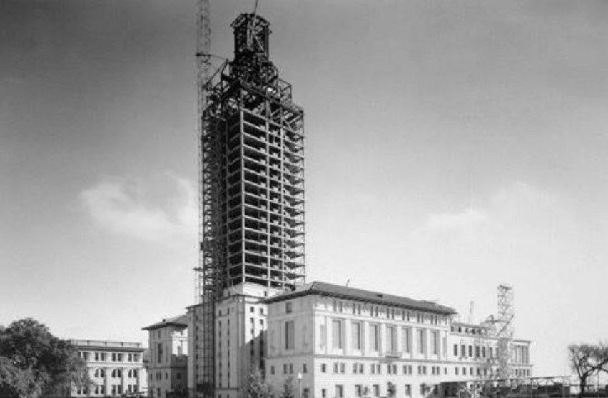 Black & white photo of UT Tower construction