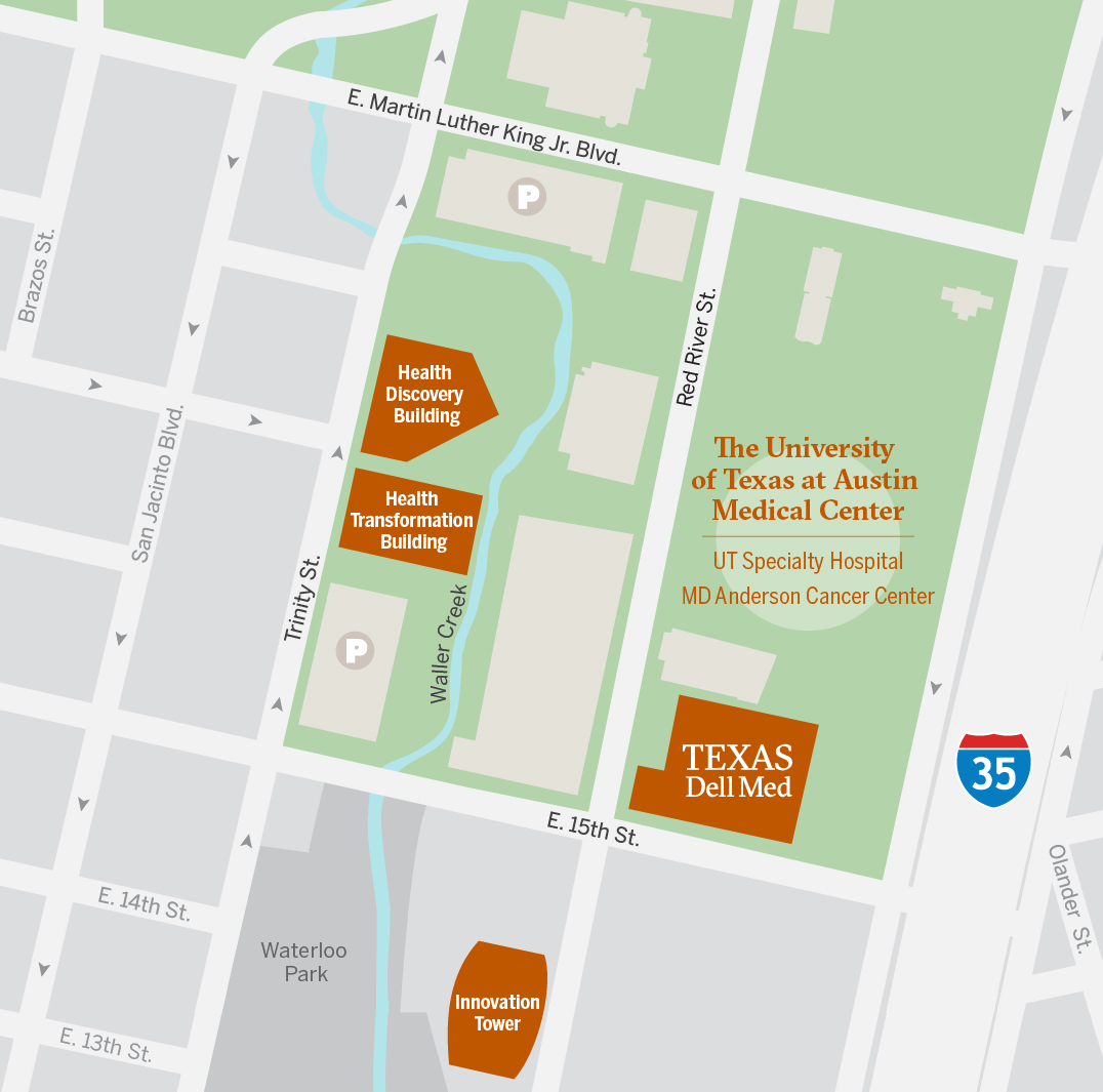 Map of UT Austin campus showing location of The Medical Center